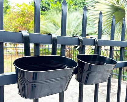 10" Metal Hanging Planter for Railing with Detachable Hooks, Black, 4 Pcs | Removable hook, Drainage hole, Rustproof, For flowers / herbs / succulents, veggies, For railings / fences / balconies - color: Black