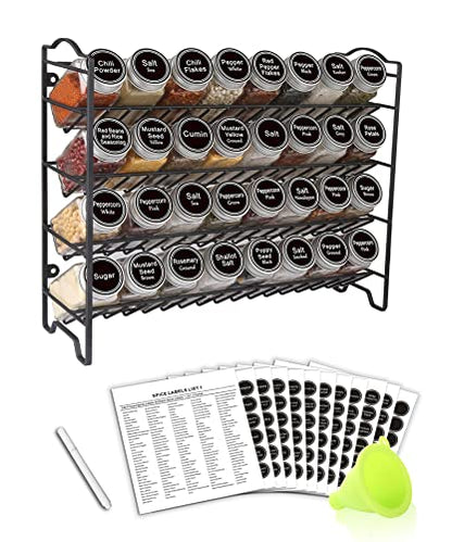 SWOMMOLY Spice Rack Organizer with 32 Glass Spice Jars and 396 Spice Labels | Chalk Marker, Funnel - Spice Organizer for Cabinet, Countertop, Pantry, Cupboard & Wall Mount, 14.8" W × 12.6" H, Black