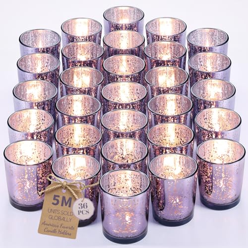 LETINE 36pcs Purple Votive Candle Holders – Glass Tea Light Candles Holder, Standard Votive Size for Regular Votive Candles– Bulk Candle Holder for Party Decoration, Bridal Shower, Home Decor - color: Purple