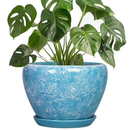 8 Inch Ceramic Planters, Bubble Blue | Drainage Hole and Saucer, Indoor Outdoor, Round Flower Pot, Decorative - color: Bubble Blue, size: 8 Inch
