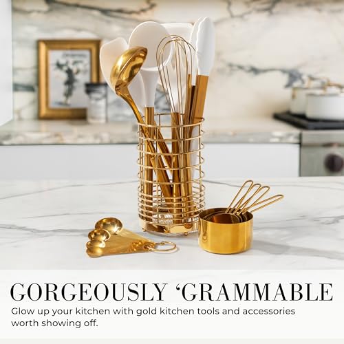 Styled Settings White and Gold Kitchen Utensils Set with Holder, 15-Piece | Nonstick BPA-Free Silicone Cooking Utensils with Measuring Cups and Spoons - Luxury Kitchen Accessories for Stylish Cooking - color: 15 Piece White & Gold