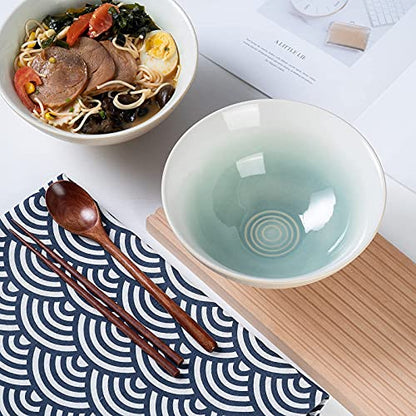 Ceramic Japanese Ramen Bowl Set, 2 Sets Asian Pho Udon Soup Noodle Bowls with Spoons and Chopsticks (Green, 8 inches) - color: Green
