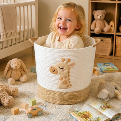 Large Blanket Basket for Living Room Storage,Toy Baskets Storage for Kids Stuffed Animal Storaged, Big Cute Cotton Rope Woven Laundry Basket with Handle for Nursery Baby Shower Gifts