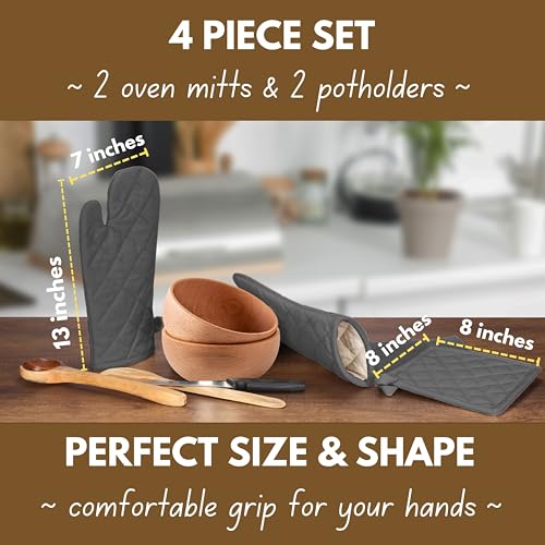 Native Fab Farmhouse Oven Mitts and Pot Holders Set of 4, Heat Resistant Non-Slip Machine Washable, 100% Cotton Kitchen Pot Holders Oven Mitts Sets Grey - color: Gray