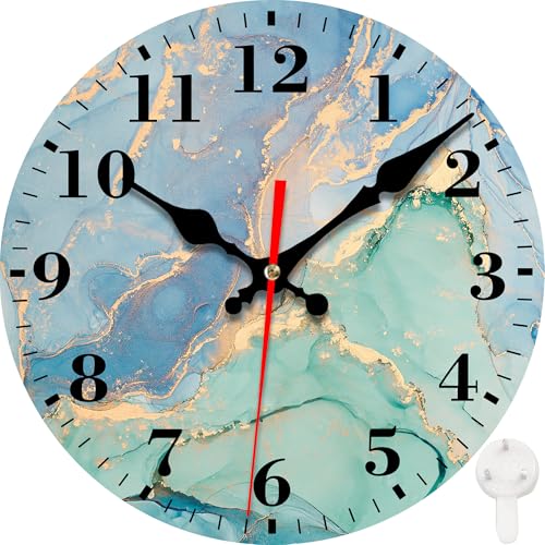 Wall Clock, Teal Blue Gold Marble Silent Non Ticking Battery Operated Round Decorative Indoor Outdoor Clocks for Living Room Kitchen Bedroom Bathroom Patio 12" - color: Teal Blue Gold Marble