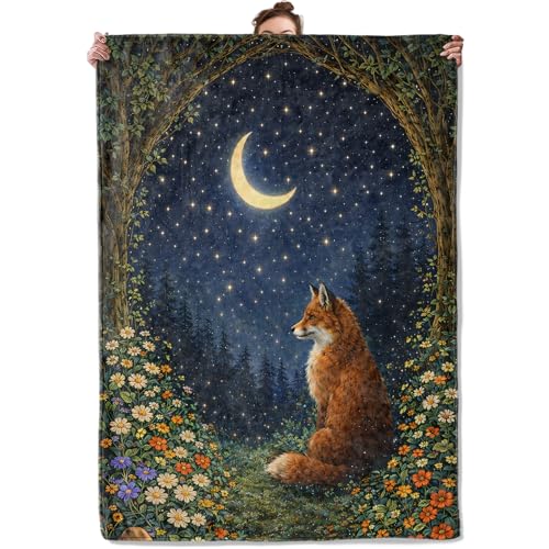 Moonlit Fox Throw Blanket, Starry Night Forest Wildlife and Moon Garden, Soft Flannel Fleece, 40x50 Inch, Couch Cabin Camping Blankets for Animal Lovers, Cozy Nature Home Decor Gifts - color: Fox 02, size: 50x40 INCH