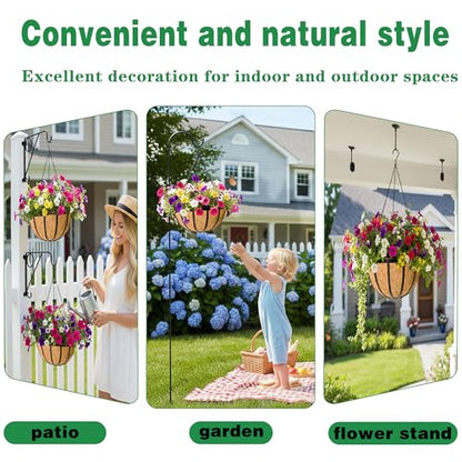 4 Pack 14 Inch Hanging Planters for Outdoor Plants Metal Hanging Planter Basket with Coco Coir Liner Round Plant Black Flat Iron Metal Flower Pots for Deck Patio Porch Garden Balcony - size: 14 Inch