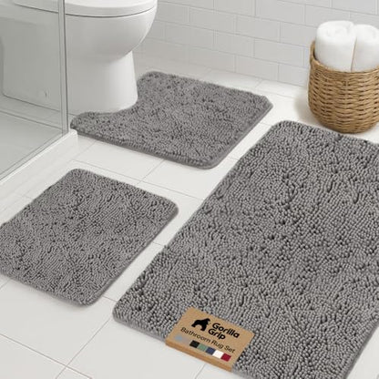 GORILLA GRIP Bathroom Rug Sets 3 Piece, Bath Mat Set and Oval Toilet Base with Rubber Backing, Plush Absorbent Shaggy Chenille Washable Mats, Includes 24x19.5, 24x17 and 36x24 Inch Rugs, Grey - color: Grey, style: 24"x19.5" + 24"x17" + 36"x24" - 3 Pack