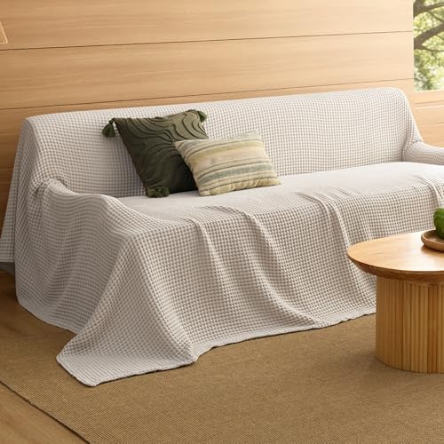 Bedsure Lightweight 100% Cotton Waffle Blanket, Oversized King, Linen | Summer, Breathable, Soft, Comfort, Light, Thin, Textured, Bed, Couch, Sofa, Chair, 120"x94", Sheet Blanket, Cozy Gifts - color: Linen, size: Oversized King (120" X 94")