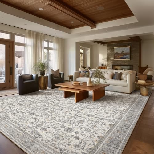 Machine Washable Rugs for Living Room: 9x12 Area Rugs for Bedroom | Ultra Soft,Non-Slip,Low Pile,Vintage Distress,Boho,Large,Carpet,High-Traffic,Dining Room,Nursery Room,Farmhouse Decor - color: Beige/Grey/Multi, size: 9' x 12' (Rectangular)