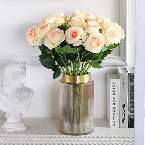 Tifuly Champagne Roses Artificial Flowers - 12 pcs Realistic Single Long Stem Fake Silk Roses Bouquet for Party Home Wedding Centerpiece Office DIY Decor | 12 pcs Realistic Single Long Stem Fake Silk Roses Bouquet for Party Home Wedding Centerpiece Office