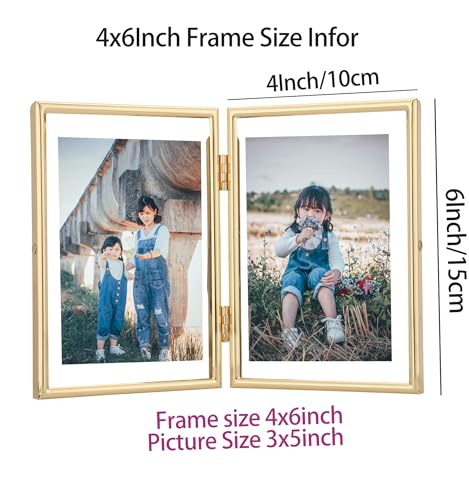 Gold 4x6 Double Floating Frame for Photo Sizes(2x3'',3.5x5''),Classy Metal Rounded Edge Frame Adjustable Tabletop/Shelf Photo Frame,for Wedding,Christmas,Home or Office Decor. - size: 4x6'' (Double)