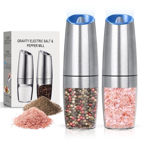 Battery Operated Salt And Pepper Grinder Set 2 Pack (Silver) | Gravity-Activated Automatic Grinder With Led Light & Adjustable Coarseness, Each Uses 6 Aaa Batteries,Kitchen Daily Seasoning - color: Battery/2pcs/Silver