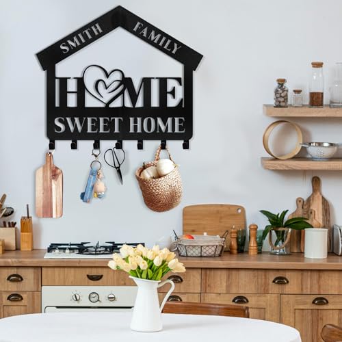 Personalized Key Holder for Wall - Custom Name Sweet Home Key Rack, Wall Mount Coat Rack, Hanger for Bedroom Entryway, Housewarming Gifts - color: 06 Home