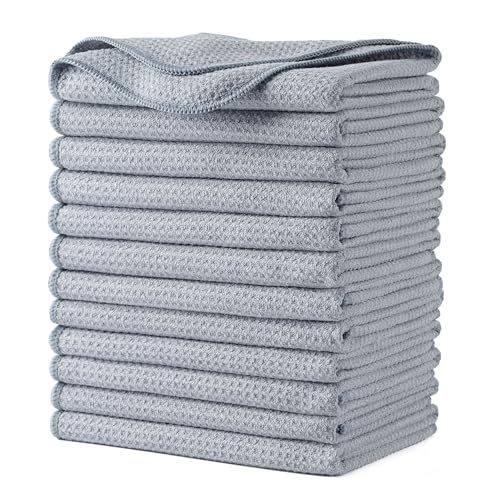 POLYTE 340 GSM Microfiber Waffle Kitchen Dish Tea Towel, 16x28 in, 12 Pack | Lint Free, Quick Dry - color: Gray, size: 16x28 in