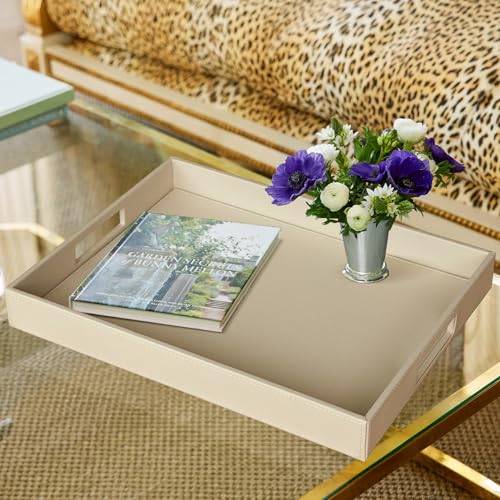 HofferRuffer Rectangle Serving Tray with Hole Handles for Coffee Table, Breakfast, Tea, Food, Butler - Countertop, Kitchen, Vanity Serve Tray, 16.2 x 12.2 x 2 inches, Faux Leather (Dark CreamWhite) - color: Dark Creamwhite