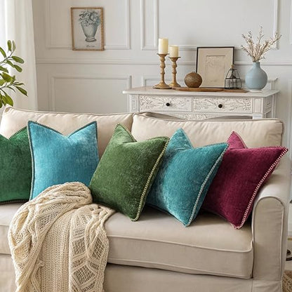 decorUhome Chenille Soft Throw Pillow Covers 20X20 Set of 2, Forest Green,Boucle Plaid Check Faux Fur Throw Pillow Covers 20x20 Inch Set of 2, Autumnal
