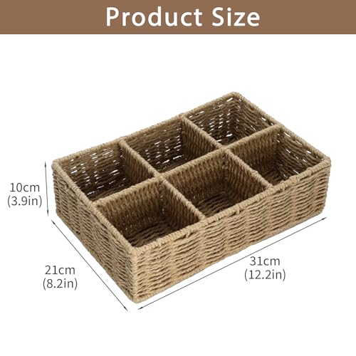 Makeup Organizer, Hand-woven Wicker Basket for Dresser and Bathroom Countertop Organizer, 6 Compartments Makeup Brush Holder Skincare Organizer, Cosmetic Storage for Lipstick Eyeshadow Palette