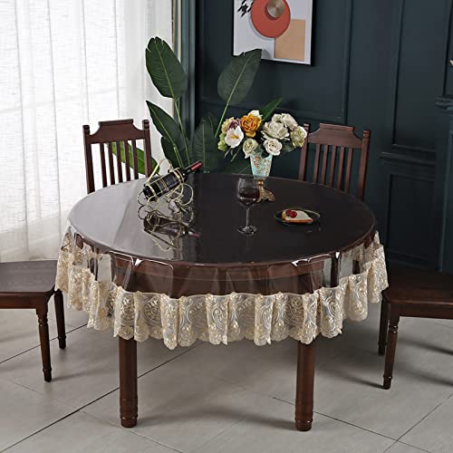 Dimatic Clear Plastic Waterproof Tablecloth, Vinyl PVC Round Table Cloth with Lace Macrame, Oil Spill Proof, Table Cover for Dining Tables, Parties and Holidays (Champagne, Round - 60 Inch) - color: Champagne, size: 60" (Round)