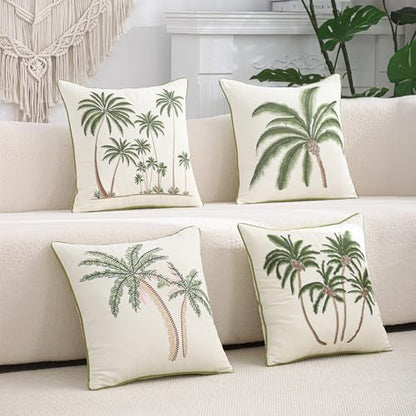 Palm Tree Embroidered Throw Pillow Covers 18x18 Pack of 2 | Ocean-Themed,Durable Fabric,Square Pillow Cover,Boho Decorative,Hidden Zipper,Aesthetic Design,Ideal Gift,Machine Washable - color: Tropical Palm Trees Green