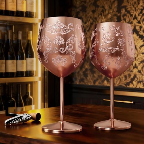 Lifecapido Stainless Steel Wine Glasses Set of 2, 18oz Etched Rose Gold Wine Goblets, Unique Wine Glasses with Intricate Baroque Engravings for Party Wedding Anniversary - color: Rose Gold