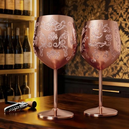 Lifecapido Stainless Steel Wine Glasses Set of 2, 18oz Etched Rose Gold Wine Goblets, Unique Wine Glasses with Intricate Baroque Engravings for Party Wedding Anniversary - color: Rose Gold