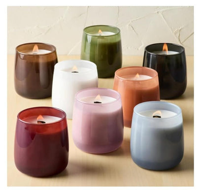 YR BH&G – Luxury Scented Candle, Warm Leathered Amber, 14.5 oz Wooden Wick Jar