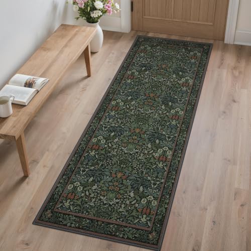 GENIMO 2x5 Washable Kitchen Runner Rug, Non Slip Hallway Mat, Dark Green | Vintage Boho Floral Low Pile Thin Mat for Entryway, Kitchen, Bedroom, Indoor Decor - color: Dark Green, size: 2' x 5' (Rectangular)