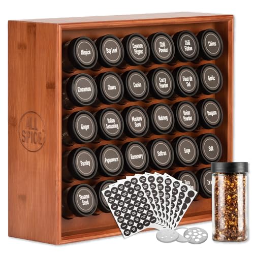 Spice Rack Organizer, Wood, 525 Unique Labels, Countertop or Wall Mount, Includes 30 4oz Jars- Cherry Stain - color: Cherry Stain, size: 30 Jar