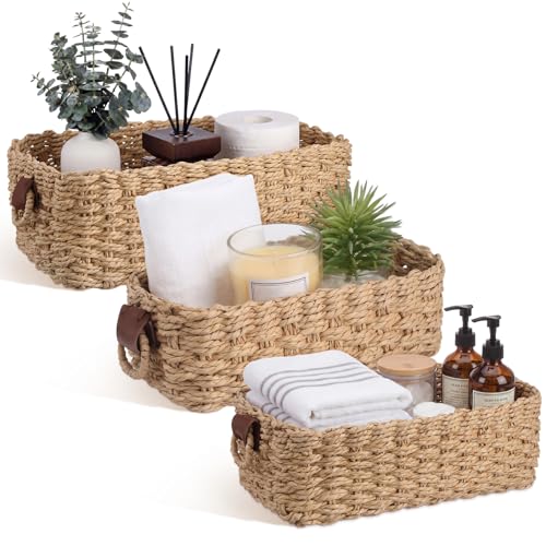 Natural Set of 3 Paper Rope Storage Baskets, Large Medium Small Woven Nesting Storage Container with Handles for Closet, Pantry, Bathroom, Shelf Organization Rustic Farmhouse Decor - color: Natural