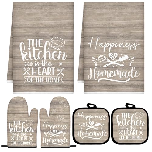 Sratte 6 Pcs Kitchen Decor Accessories Set, Kitchen, Brown Wood Grain | Farmhouse Kitchen Towels Pot Holders Oven Mitts Set 2 Dish Towels 2 Potholders 2 Cooking Mittens for Baking Cooking Supply - color: Brown Wood Grain, style: Kitchen