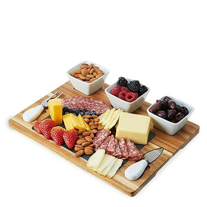 Twine Acacia & Slate Cheese Board Set - Charcuterie Board Bowls and Knives - Slate Cheese Tray Wood Cheese Board - 7-Piece Set of 1, Brown - style: Acacia & Slate Cheese Board