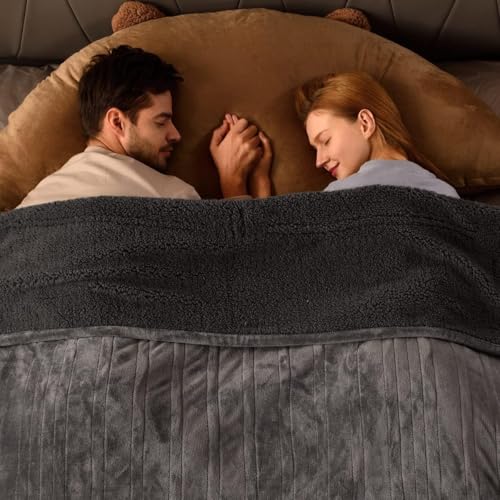 Bearhug Electric Blanket King Size with Dual Controls, 10 Heat Levels & 1-12H Auto Shut-Off, Fast Heating Soft Velvet to Sherpa Heated Blanket for Couples, Machine Washable, Gray - color: Gray-velvet & Sherpa, size: King Size 100" × 90"