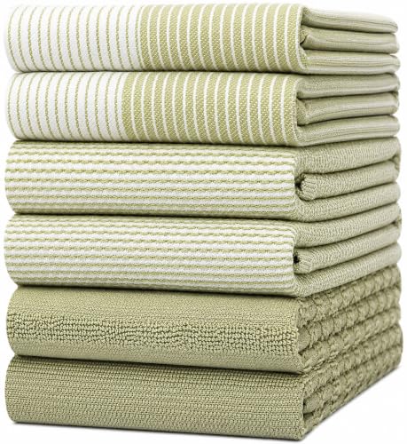 Premium Kitchen Towels 6 Pack 100% Cotton, 20"x28" Dish Towels - Sage | Large Flat & Terry Kitchen Linen Set with Hanging Loops, Highly Absorbent for Washing and Drying Dishes - color: Sage Green, size: Kitchen Towels - Mixed Styles