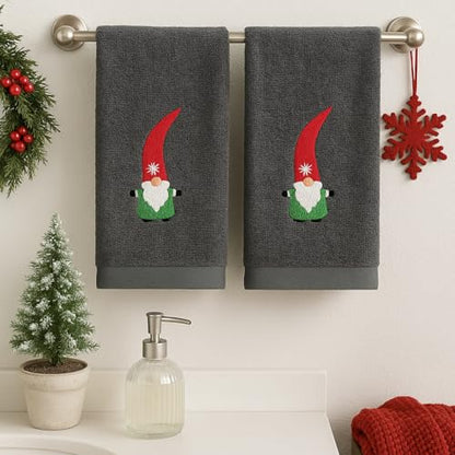 Christmas Guest Hand Towels: Grey Plush Terry Cotton Embroidered Spritly Gnome - color: Nordic Gnome