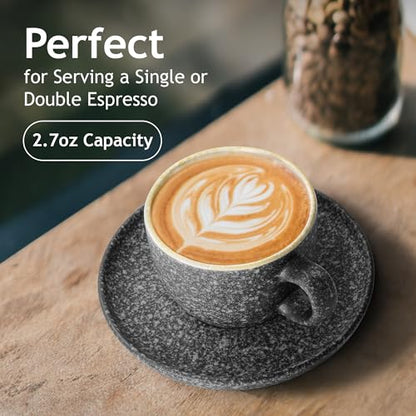 MIAMIO – 2.7 Oz Ceramic Stackable Espresso Cups with Saucers and Metal Stand, Set of 6 Espresso Cup, Demitasse Cups, Coffee Mugs for Espresso, Latte, Café Mocha & Tea – Las Palmitas Collection | With saucers, made of ceramic, dishwasher-safe, microwave-sa