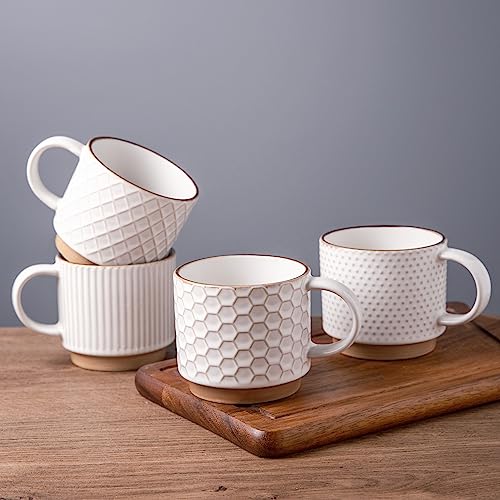 GBhome 12 OZ Stackable Coffee Mugs Set of 4, Ceramic Coffee Cups Set | 4 Assorted Designs, Embossed Mugs with Texture Patterns for Tea/Coffee, Dishwasher&Microwave Safe, Off White - color: Off-White, size: 12 Ounces
