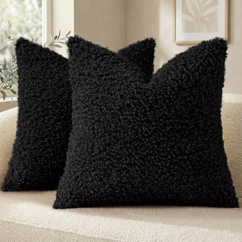 decorUhome Sherpa Decorative Throw Pillow Covers 16x16 Set of 2 Black | Soft Fuzzy Texture, Heart-Shaped Zipper, Cozy Square Accent Pillow Covers for Sofa Couch Living Room Bedroom, Neutral Style - color: Black, size: 16" x 16" (Pack of 2)