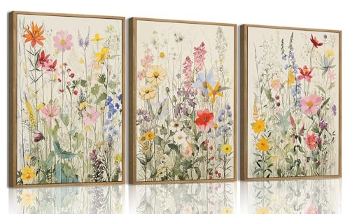 KISSFOX 3 Piece Watercolor Wildflower Botanical Framed Wall Art Colorful Floral Canvas Art Prints Boho Flower Pictures Wall Decor Modern Minimalism Paintings Artwork Girls Bedroom Living Room Bathroom - color: Colorful 1, size: 16x24 In Natural Framed