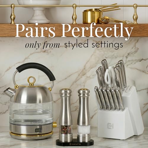 Styled Settings Electric Salt and Pepper Grinder Set, Silver | Automatic Stainless Steel Grinders, LED Light, Battery Operated, Adjustable Coarseness, Wood Base, Salt And Pepper Mill Set - color: Silver