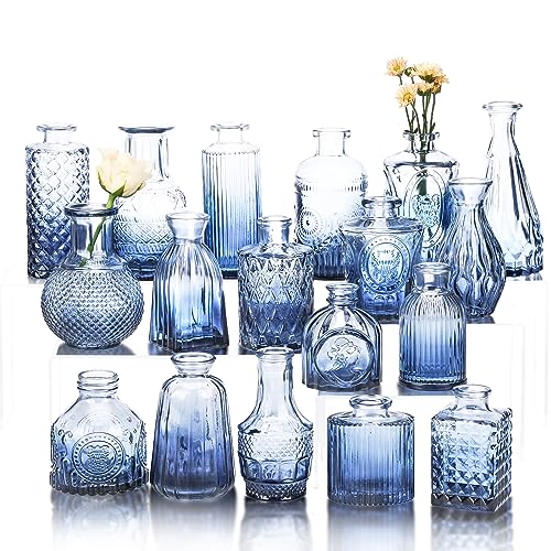 Fixwal Set of 18 Blue Bud Vases for Flowers, Vintage Clear Glass Vases Small Vases for Centerpieces for Home Table Decor Rustic Wedding Decorations | Small Vintage Vases for Centerpieces for Home Table Decor Rustic Wedding Decorations - color: Blue, size: