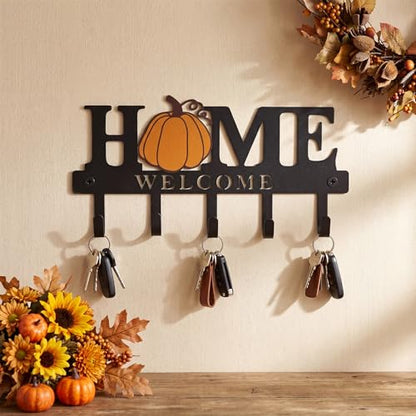 Halloween Home Pumpkin Key Holder Wall Mount Metal Fall Decorative Key Hooks Organizer Hanger Coat Rack with 5 Hooks Retro Welcome Autumn Halloween Decor for Entryway Bathroom 9.8 Inch - style: Pumpkin