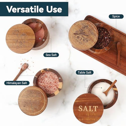 Salt Cellar, 2PCS Salt Container Acacia Wood Salt and Pepper Box for Countertop with Built-in Spoon & Swivel Lid, Wood Salt Holder Bowl for Kitchen, Seasoning Storage (Rose & SALT Engraving) - color: Acacia Wood SALT and Rose Set