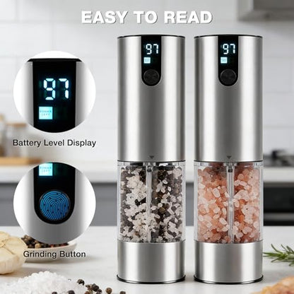 Electric Salt and Pepper Grinder Set, Rechargeable Salt and Pepper Mill | Adjustable Coarseness Easy Filling, LED Light, 120ml Large Capacity for Kitchen, Outdoors, Christmas Gift