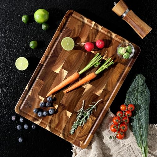 End Grain Cutting Board for Kitchen with Non-slip Feet, Acacia Wood Heavy Duty Checkered Cutting Board Handcrafted Luxury Chopping Board for Cooking and Serving Wooden Butcher Block Non Toxic - size: 14"L x 10"W