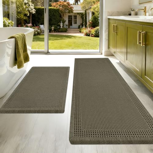 Upgraded Waffle Bath Mat Set 2 Piece Greyish Green-Bordered, Super Absorbent Non-Slip Quick Dry Bathroom Rugs with Tassels, Machine Washable Ultra Soft Boho Bath Rugs, Toilet Mats Boho Farmhouse Decor - color: Greyish Green, size: 24"x17"+5'x2'