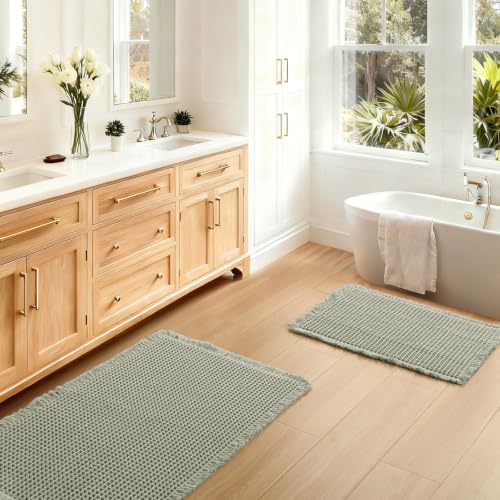 JIUZHEN Set of 2 Waffle Bathroom Rugs Super Absorbent Boho Bath Rugs Non Slip Washable Bath Mats Ultra Soft Machine Washable Shower Mats for Bathroom Floor, Tub, 16" x 24" +20" x 32", Sage Green - color: Sage Green, size: 16"x24" + 20"x32"