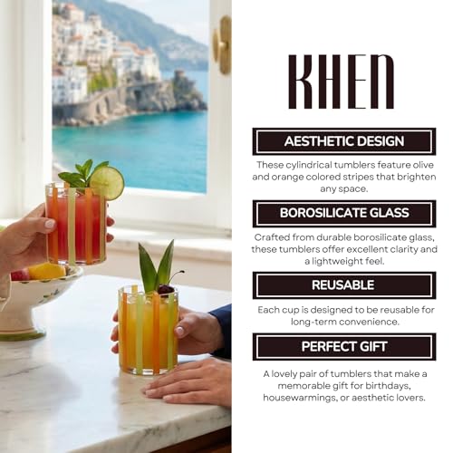 Capri Italian Design Cylindrical Tumblers, 2 Set Olive & Orange Summer Glasses Modern Cups for Water Juice Cocktail Iced Beverage Kitchen Bar Table Drinkware Entertaining Home Decor Housewarming Gifts