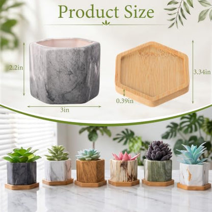Marbling Ceramic Flower Pot Succulent Small Plant Cactus Herbs Planter Ceramic Pot with Drainage Hole Matte Container(6 Pcs,Hexagon Style) - style: Hexagon Style