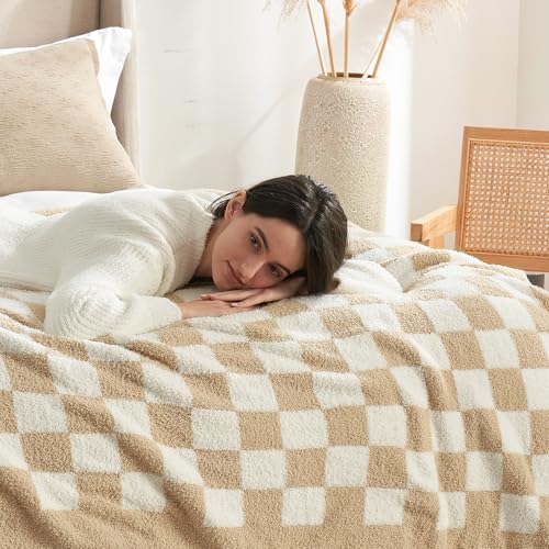Snuggle Sac Checkered Bedding Blanket Twin Size 60x80, Super Soft, Cozy Warm Knit Blankets, Reversible Breathable Lightweight Fluffy Throws for Sofa, Bed, Checkered Beige, 60x80 Inches - color: Checkered Beige, size: Twin(60"x 80")